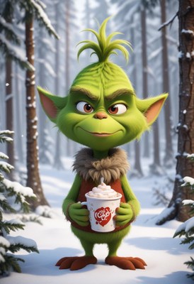 Green character holding a drink in a snowy forest