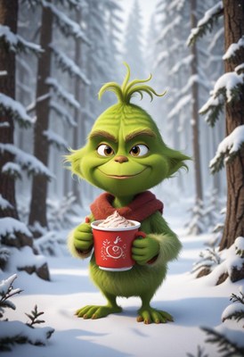 Grinch enjoys hot chocolate in snowy forest setting