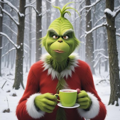 Grinch enjoys a warm drink in a snowy forest