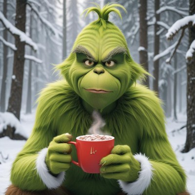 Grinch enjoys hot cocoa in snowy forest setting