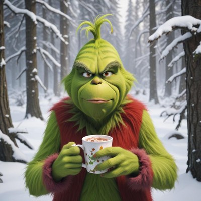 Grinch enjoying hot cocoa in snowy forest setting