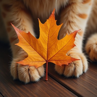 Autumn leaves and a cat's paws on wooden floor