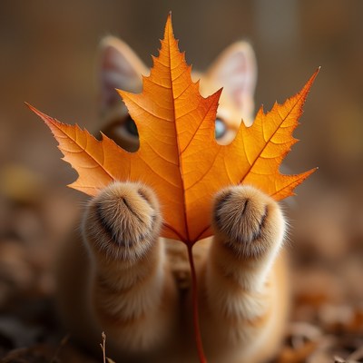 Cat with autumn leaf in a scenic forest setting