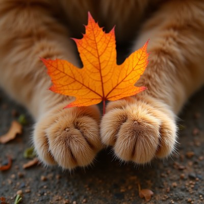 Cute cat paws holding an orange maple leaf