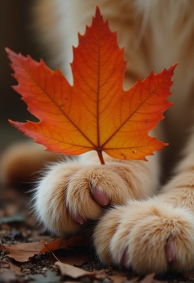 Cat holding an orange maple leaf in autumn
