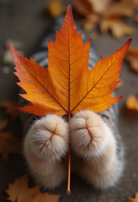 Cute paws holding a vibrant autumn leaf near fallen leaves