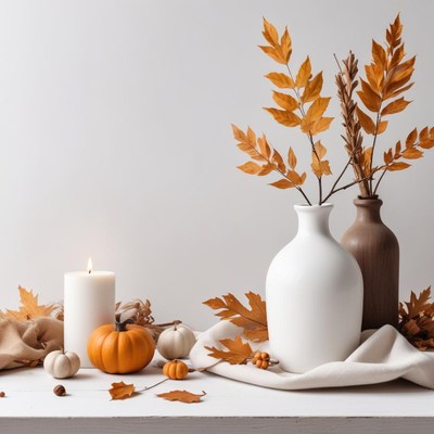 Autumn home decor with vases and candles on display