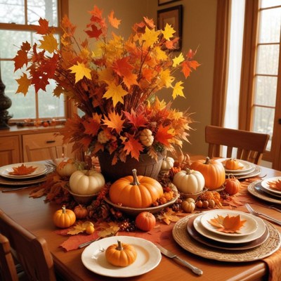 Fall table setting with pumpkins and autumn leaves