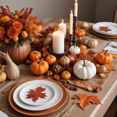 Festive autumn table setting with pumpkins and candles