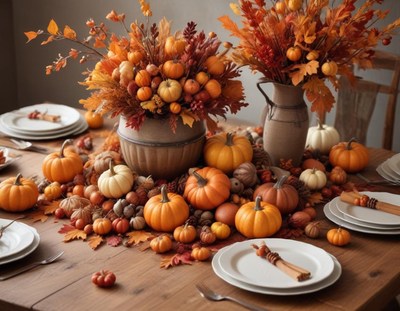 Fall table setting with pumpkins and autumn decor