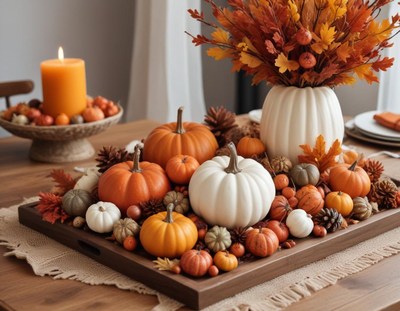Fall centerpiece with pumpkins and autumn decor on table