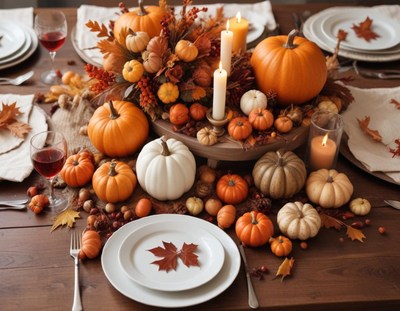 Autumn harvest table decoration with pumpkins and candles