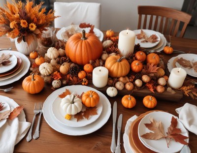 Beautiful autumn table setup with pumpkins and flowers
