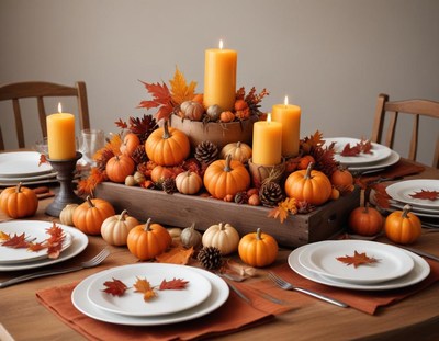 Autumn harvest table setting with pumpkins and candles