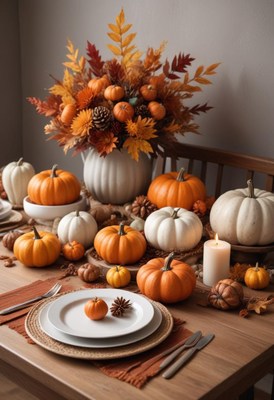 Fall table setting with pumpkins and autumn decorations