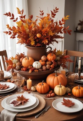 Fall table setting with pumpkins and autumn leaves display