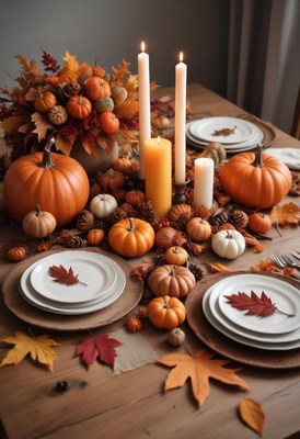 Autumn table with warm pumpkins and candles