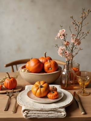 Cozy autumn table setting with pumpkins and flowers