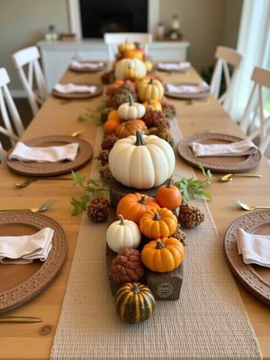 Fall table decoration with pumpkins and natural elements