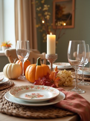 Autumn table setting with pumpkins and candles