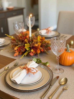 Elegant fall table setting with flowers and candlelight