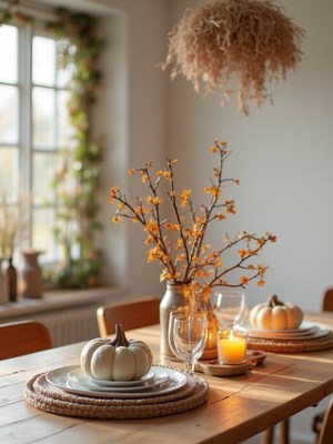 Cozy autumn table setting with pumpkins and candlelight