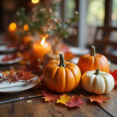 Fall table setting with pumpkins and autumn leaves