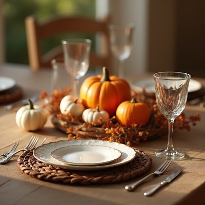 Autumn table setting with pumpkins and glassware