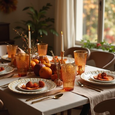 Beautiful autumn dinner setting with pumpkins and candles