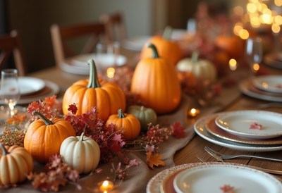 Autumn dining table decorated with pumpkins and leaves