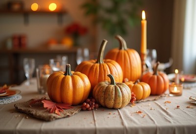 Fall harvest table setting with pumpkins and candles