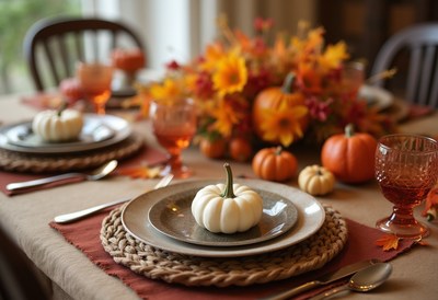 Festive autumn table setting with pumpkins and flowers