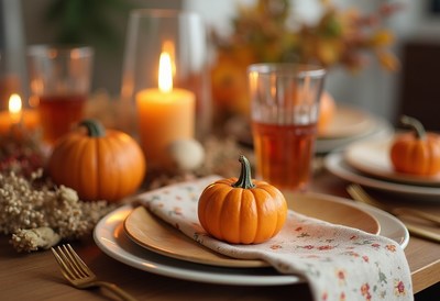 Charming autumn table setting with pumpkins and candles
