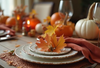 Fall dining table setup with autumn decorations and pumpkins