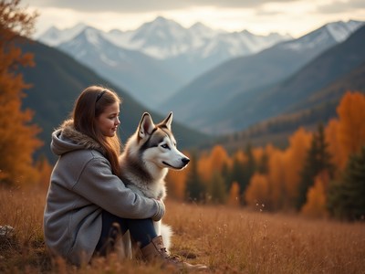 Girl sits with husky dog in autumn mountain landscape