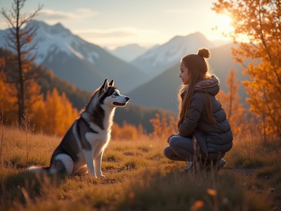 Girl interacts with husky in beautiful autumn landscape