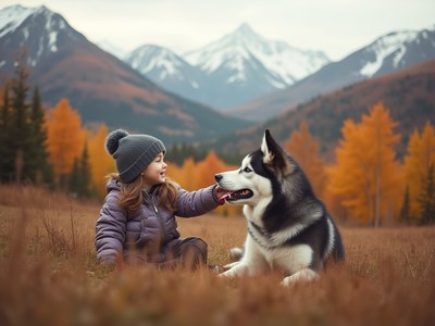 Girl enjoying the company of a husky in mountain landscape