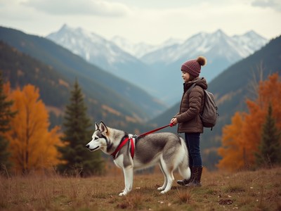 Child walks siberian husky in a mountain landscape