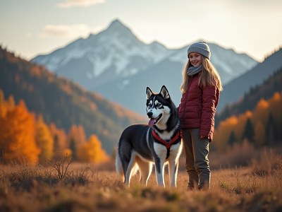 Child enjoys autumn walk with siberian husky in mountains