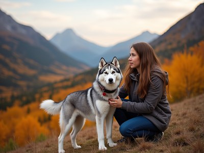Husky and owner enjoy a serene moment in the mountains