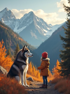 Child and dog admire mountain scenery in autumn