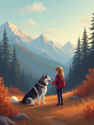 Young girl walking her husky in scenic mountain area