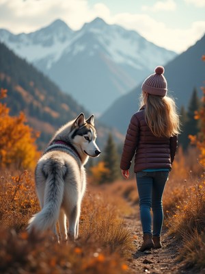 Girl walking with a husky in autumn mountains