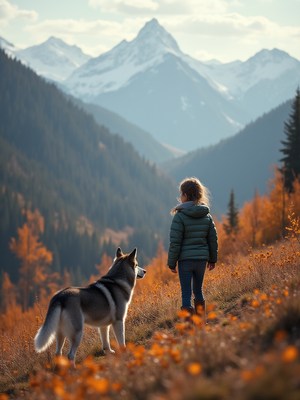 Girl and dog explore autumn mountains at sunset