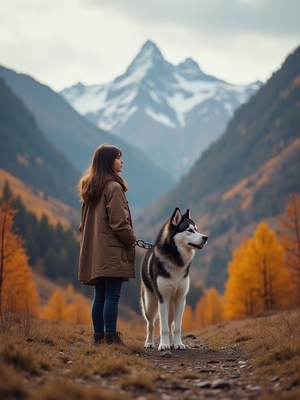 Girl walks husky in autumn mountains under cloudy sky