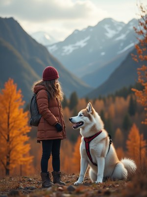 Girl and dog enjoy a serene hike in autumn mountains
