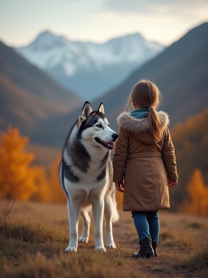 Child and husky enjoying a walk in autumn mountains
