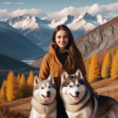Young girl enjoys autumn in the mountains with huskies