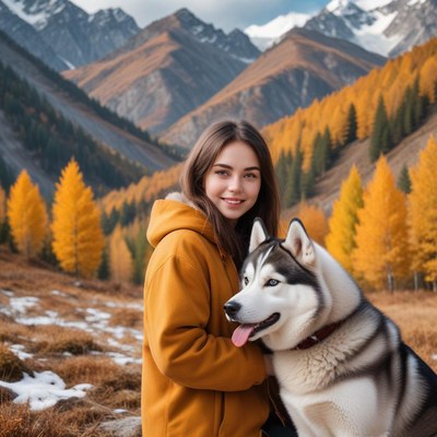 Girl and husky dog enjoy autumn in mountain landscape