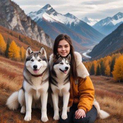 Girl sits with two huskies in a mountain valley scene